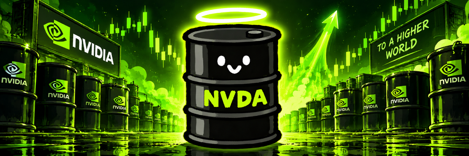 Barrel in a glowing green NVIDIA world of oil barrels and rising charts